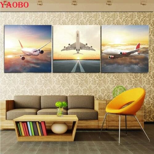 3 PCS Diamond Embroidery Sunset Airplane 5D Diy Diamond painting Full square round mosaic rhinestone picture triptych Decor home