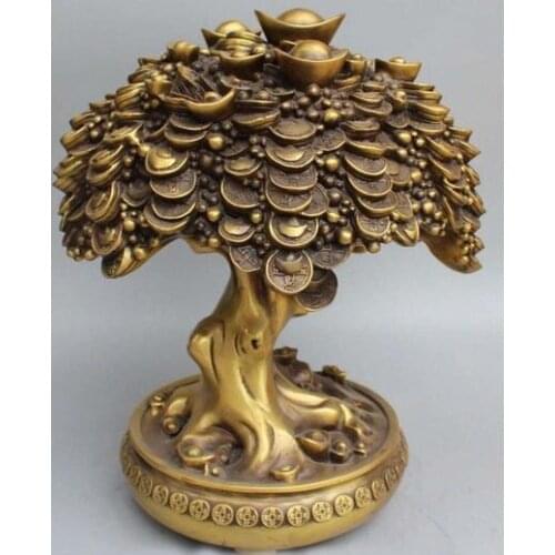 817 16"Chinese Feng Shui Bronze Wealth Money Yuanbao treasure bowl Money tree Statue