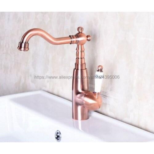 Antique Red Copper Bathroom Vanity Sink Faucet Single Ceramic Handles Brass Hot and Cold Basin Mixer Tap Bnf133