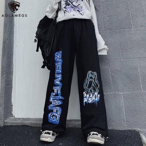 Aolamegs Japanese Anime Girl Pants Men Gothic Diablo Sweatpants Hip Hop Streetwear Casual Letter Graffiti Straight Sport Trouser