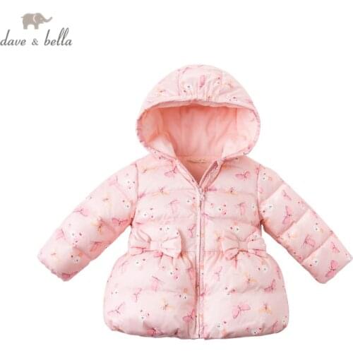 DBM16038 dave bella winter baby girls fashion bow cartoon print hooded down coat children 90% white duck down padded kids jacket