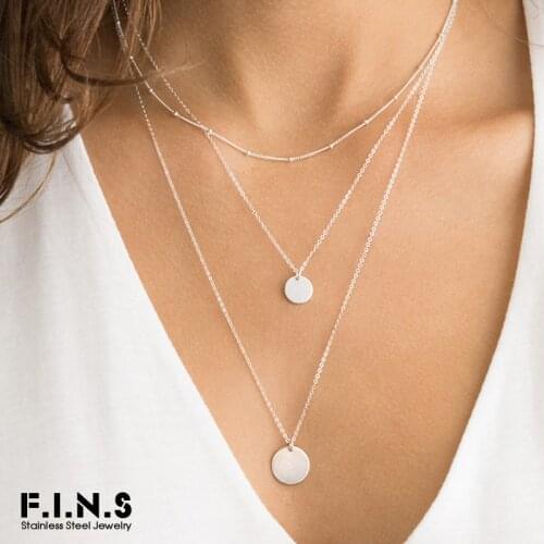 F.I.N.S Long Layered Necklace Women Charm Pendant Necklace for Women Three Color Chain Stainless Steel Minimalist Necklace