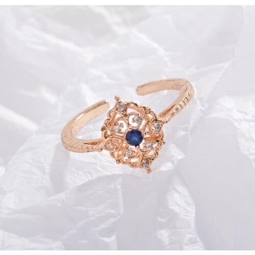 Hollow Carving Flower Blue White Rhinestone Zircon Waterdrop Golden Copper Open Rings for Women