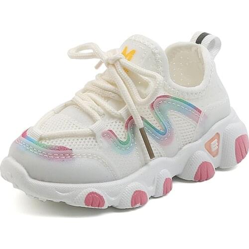 Toddlers Girls Sneakers Fashion Kids Sports Running Sneakers Children Shoes Air Mesh Breathable White Shoes Lace-up Soft 21-30