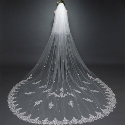 Lace Appliqued Wedding Veil Floor Length Wide Cathedral Veils For Brides