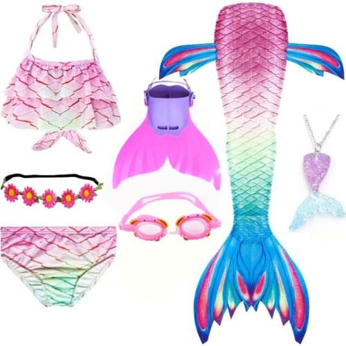 7 Pcs Girls Swimsuit Mermaid Tails for Swimming Kids Mermaid Costume Princess Bikini Bathing Suit With Monofin for 3-12 Year