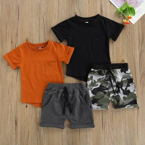 2Pcs Summer Casual Little Boys Outfits Suit Toddlers Round Collar Short Sleeve Pocket Top+Camouflage Printing Shorts Clothes Set