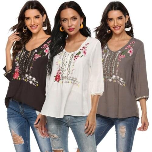Lugentolo Embroidery Womens Blouses 2021 Summer Fahsion 3/4sleeve V-Neck Plus Size Loose Tops for Women