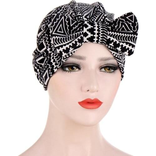 Fashion Muslim Turban With Bow Adult Women Print Hijab Caps Bonnet Ready To Wear Headwraps Turbanet Islam Ladies Head Scarf Hat