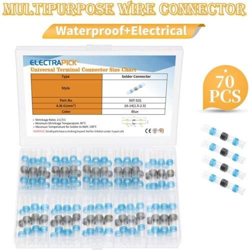 70pcs Kit AWG16-14 Heat Shrink Connectors Solder Seal Sleeve Wire Butt Connectors Waterproof Assortment Electrical Terminals