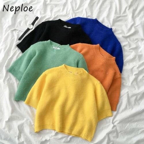 Neploe Office Lady 2021 Spring New Korean O-neck Fashion Knitted Pullovers Solid Loose Women Short Sleeve Sweaters 82225