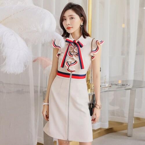 YIGELILA Women Elegant Bow Ribbon Ruffles Dress Summer Sleeveless Empire Slim Knee-length Straight Dress Fashion 64798