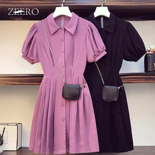Spring Summer Womens Chiffon Dress Female Lapel Short Sleeve Single-breasted Folds High Waist Sweet Slim Midi Dresses Plus Size