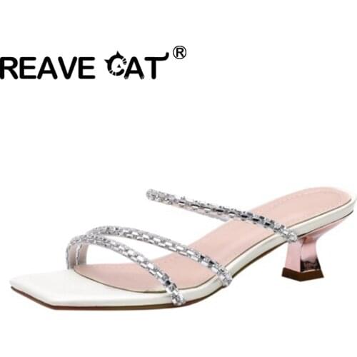REAVE CAT 2021 Fashion Rhinestone Sandals Shiny Slingbacks Narrow Band Crystal Slip On 3cm Strange Heel US12 Beige Apricot A4299
