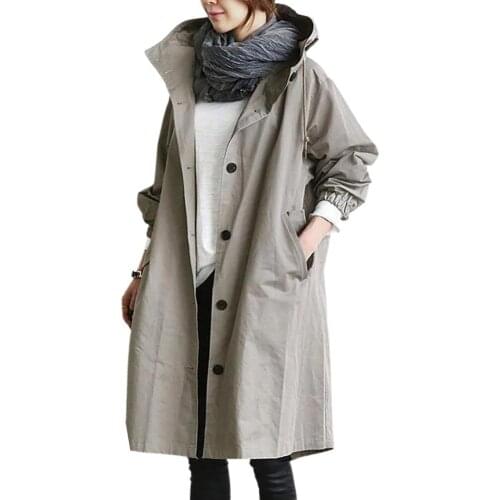 Women Autumn Solid Color Trench Coat Loose Casual Pocket Hooded OL Ladies Windbreaker Long Trench Coat Outerwear