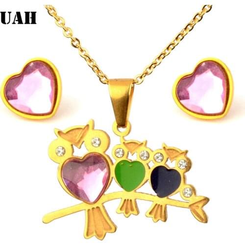 UAH Gold Color Crystal Owl Necklace Earring Ring Set Rhinestone New Simple Party Dress Stainless Steel Jewelry Sets For Women