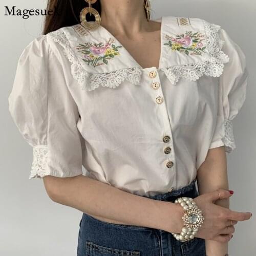 Korean Floral Embroidery Summer Tops Chic Lace Vintage Short Puff Sleeve Blouse Women Turn-down Collar Hollow Shirt Blusas 13666