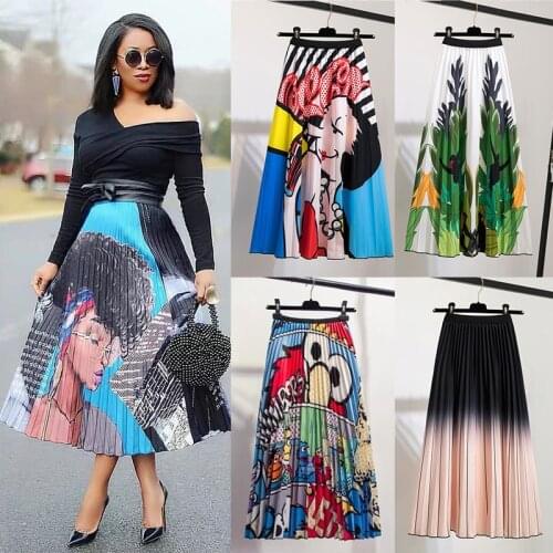 Spring and Summer 2021 New Womens Cartoon Printed Pleated Skirt All-match Elastic Skirt Mid-Length Skirts for Women