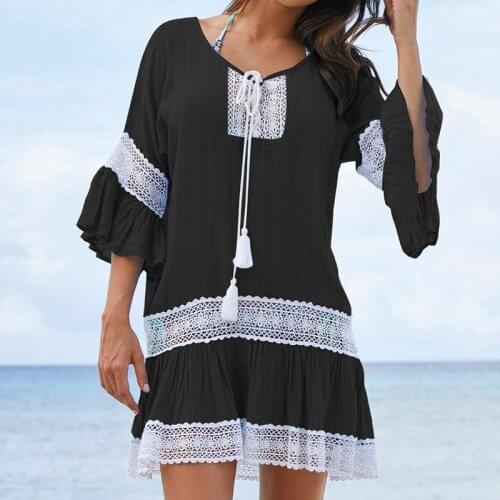 2020 Cotton Hollow Beach Wear Women Swimsuit Cover Up Swimwear Bathing Suits Summer Mini Dress Loose Solid Pareo Cover Ups