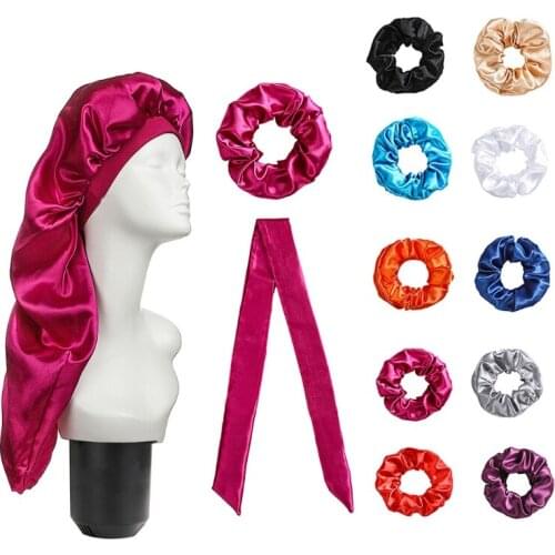 3Pcs Women Elastic Bonnet Hair Styling Cap Solid Satin Cap Long Hair Care Headscarf Night Sleep Hat Set S06 21 Dropshipping
