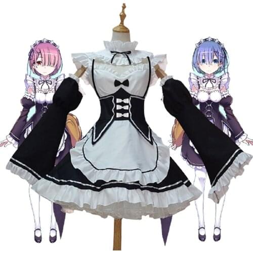 Ram/rem Cosplay Costumes Re:zero Kara Hajimeru Isekai Seikatsu Lolita Skirt for Woman Blue Pink Wig Costume Maid Servant Dress