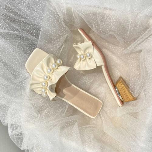 Slippers Women Wear Korean Style Ins Tide Fashion 2021 New Womens Pearl Square Toe Thick Heel Mid-heel Sandals Women