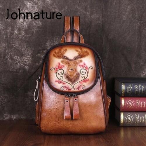 Johnature Retro Embossed Genuine Leather Backpack 2021 New Women Bag First Layer Cowhide Large Capacity Female Travel Bags