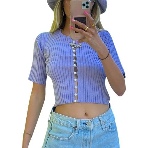 Girls Temperament Knitted Cardigan, Ladies Retro Style Faux Pearl Single-breasted Short Sleeve Round Collar Slim Crop Top