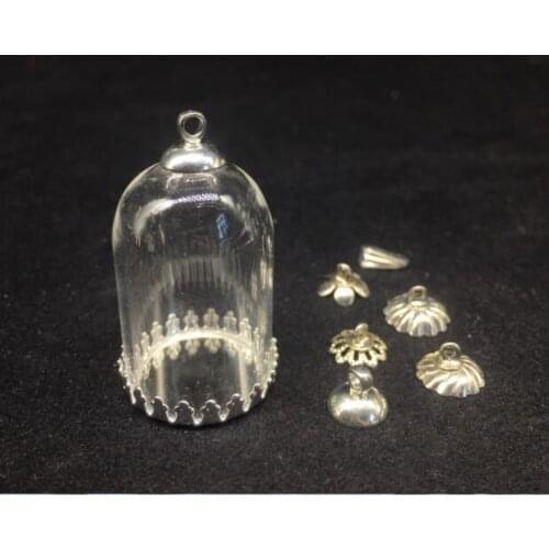 100set/lot 30*20mm Glass vial pendant glass dome with crown silver color blank base with top 8mm cap DIY charm glass pendant