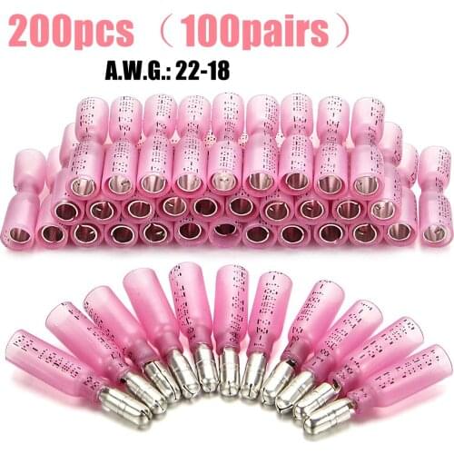 200PCS Waterproof Heat Shrink Bullet Terminals Female Male Electrical Wire Connector Splice Crimp Terminal Kit 22-18 AWG Red