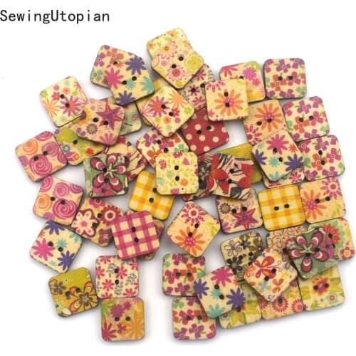 50PCS 2 Hole 15MM Flower Pattern Square Wooden Buttons for Diy Scrapbooking Cloth Sewing Accessories Handmade Decoration Button