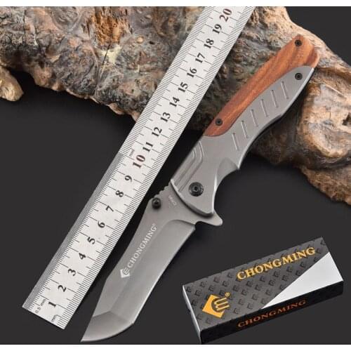 8.2'' Damascus Tactical 7CR15MOV Folding Knife Cutter Camping Hunting Survival Knife 440C Steel + Wood Handle Outdoor Knife