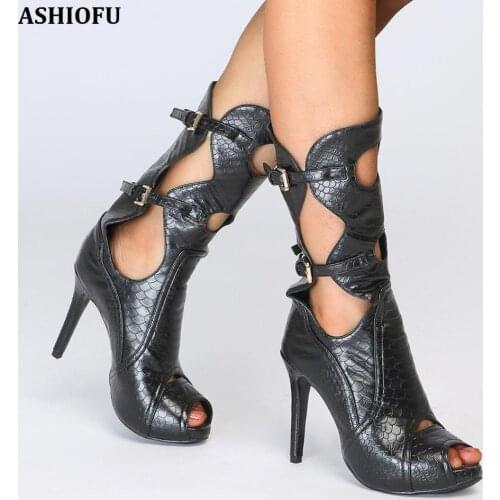 ASHIOFU Handmade New Ladies High Heel Boots Sexy Night-club Party Prom Autumn Boots Peep-toe Fashion Evening Boots Shoes