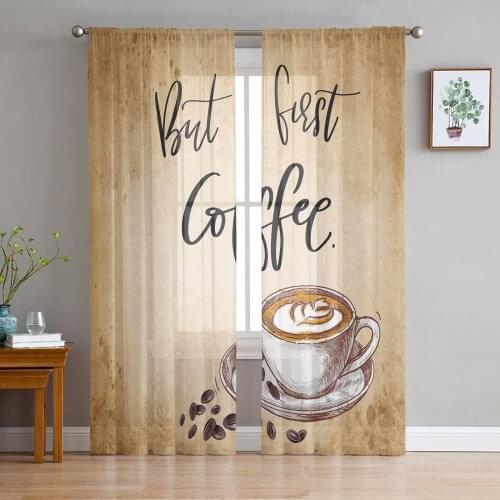 Coffee Coffee Beans Retro Tulle in Sheer Curtains for Living Room Bedroom Kitchen Window Treatment Chiffon Curtain Blinds