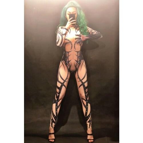 Women Men Couple New Sexy Skin Color Jumpsuit 3D Printed Black Totem Bodysuit Nightclub Party Celebrate Dancer Singer Stage Wear