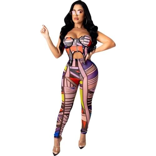 Cutubly Zipper Up Two Piece Set For Women New Fashion Casual Set Outfits Sling Printing Crop Top Pencil Pant Sexy Club Suit