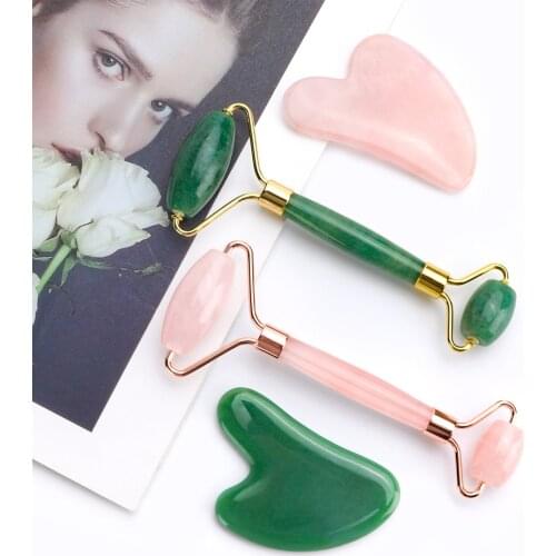 Face Lift Massager Quartz Jade Roller Heart Guasha Scraping Board Facial Massage Natural Jade Stone Roller Skin Care Tools Set