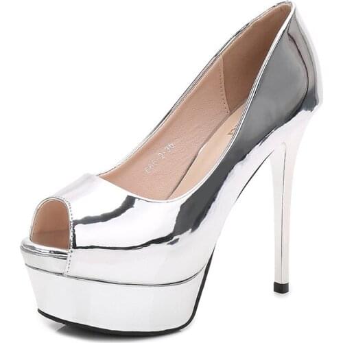 Patent Leather High Heels Platform Shoes Peep Toe Stiletto Slip on Dress Silver Black High Heel Party Office Shoes Woman Pumps