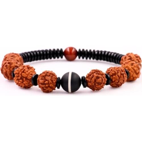 Natural 10mm Rudraksha Beads Tibetan Unisex Red Tigers Eye Yoga Meditation Ethnic Macrame Bracelet For Women and Men