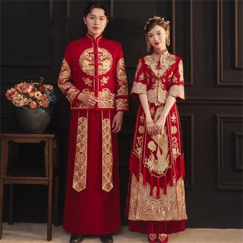 Chinese Style Clothing New 2021 Couple Red Phoenix Embroidery Cheongsam Qipao Traditional Wedding Dress Plus Size S-6XL