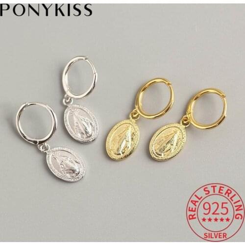 PONYKISS 100% 925 Sterling Silver Virgin Mary Geometric Hoop Earrings For Fashion Women Party Trendy Jewelry Accessory Chic Gift