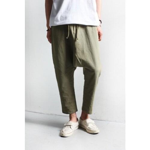 Cropped pants summer mens loose drawstring linen Harem Pants trend thin sportswear small feet casual