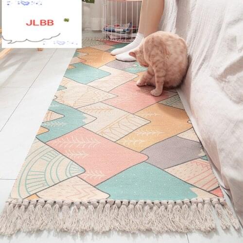 Ins Japanese style cotton hand-woven wall hangings bedside carpets eco-friendly home bedroom long tassel non-slip mats