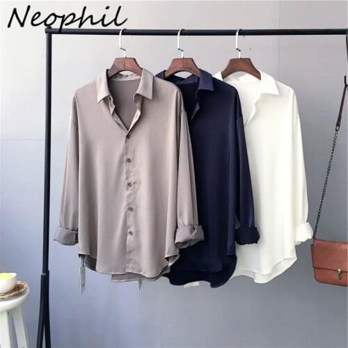 Neophil 2021 Autumn Long Sleeve Women Satin Shirts Turn-Collar Single Breasted Gray Office Ladies Elegant Fahsion Blouses B21648