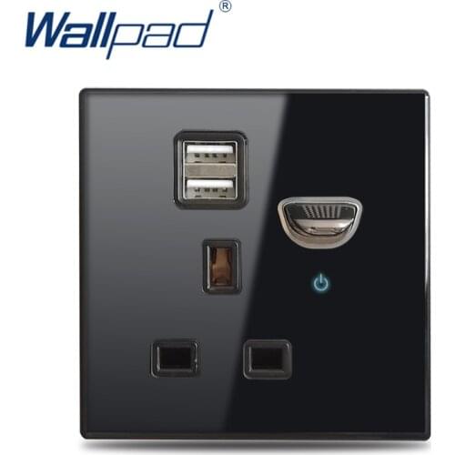 Wallpad L6 UK 13A Electric Wall Switched Socket with 2.1A Double USB Charging Port LED Indicator Black Tempered Glass Panel