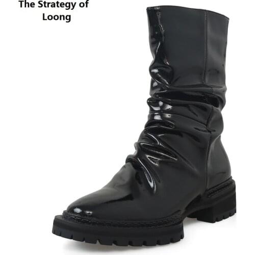 Spring Autumn New Fashion Think Heels Sewing Zipper Pleated Pigskin Inside Patent Leather Women Half Mid-Calf Equestrian Boots