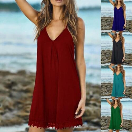 Women V Neck Sexy Dress Solid Color Sling Stitching Sleeveless Mini Dress Summer Beach Casual One-piece Dress For Woman S-3XL