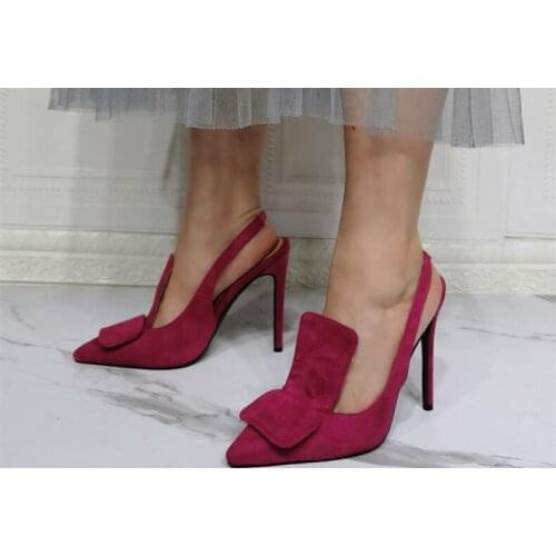 Factory Photos Woman Fashion Dark Pink Suede Pointed Toe Slingback Slip On Pumps Female Elastic Band Big Pad Shallow Heels Shoes