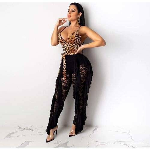 Leopard Print Women Spaghetti Strap Lace Women Jumpsuit Elegant Backless Streetwear Sexy See Through Female Ruffle Overalls