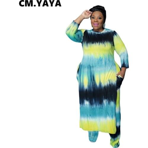 CM.YAYA Women Plus Size Set Print Full Sleeve Long Splited Tops Stretchy Pants Two 2 Piece Sets Casual Tracksuit Summer Outfits